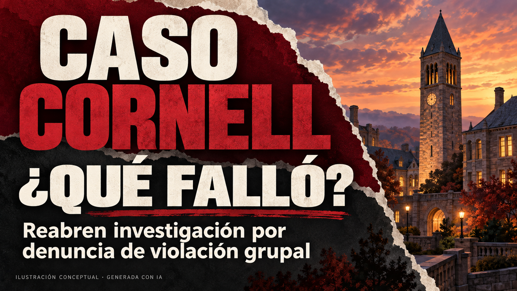 Ilustración de un campus universitario con el titular «Caso Cornell: ¿Qué falló?» y una referencia a la reapertura de la investigación por denuncia de violación grupal.