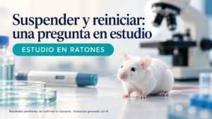 Ilustración de un ratón en un laboratorio con el texto «Suspender y reiniciar: una pregunta en estudio» y la etiqueta «Estudio en ratones»