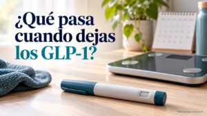 Pluma de medicamento inyectable junto a una báscula y un calendario, con el título «¿Qué pasa cuando dejas los GLP-1?».